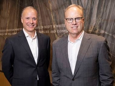 Pete McCanna, left, will step up from president to CEO of Baylor Scott & White Health, after Jim Hinton, right, retires at the end of the year. Baylor trustees called Hinton a transformational leader, and one of his early moves was to recruit McCanna from Northwestern Memorial Healthcare in Chicago.
