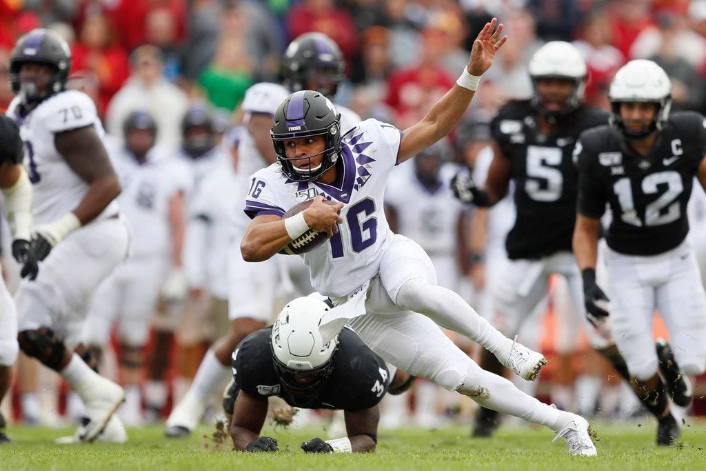 TCU quarterback Alex Delton (16) is tackled by Iowa State linebacker O'Rien Vance (34) during the first half of an NCAA college football game, Saturday, Oct. 5, 2019, in Ames, Iowa.