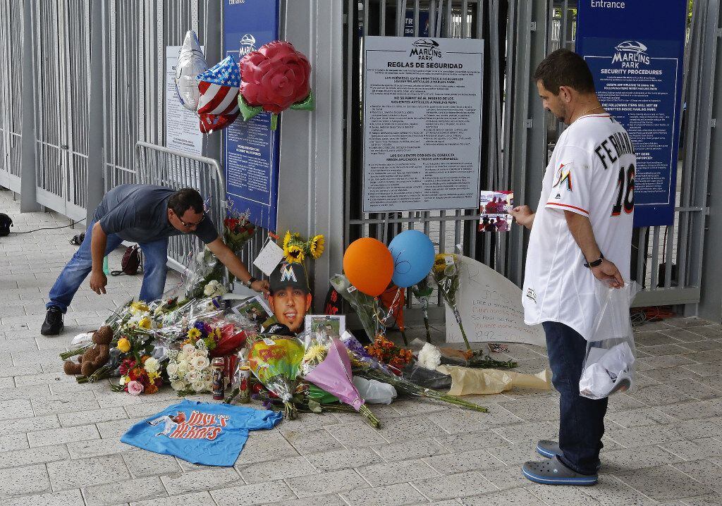 MIAMI, FL - SEPTEMBER 25: Items are placed at a memorial at Marlins Park for Miami Marlins...