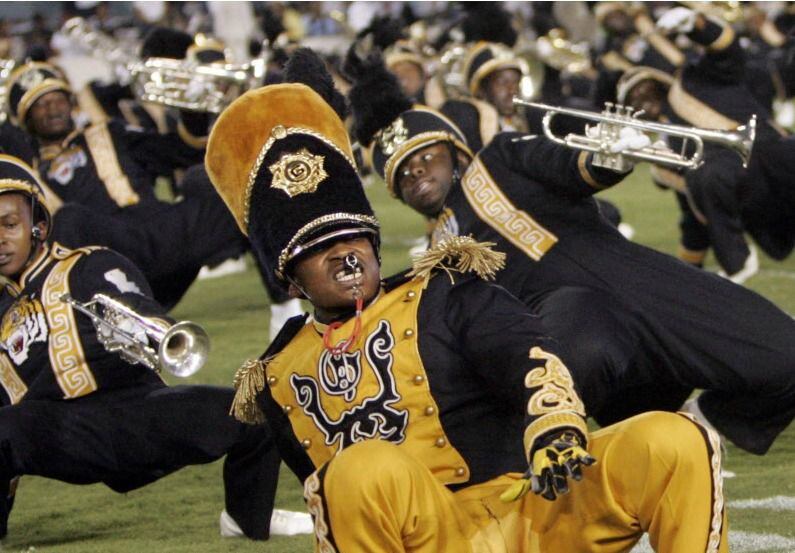 Grambling's band performs during halftime in a football game against Prairie View A&M...
