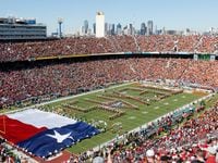 Texas Longhorns band performs before a game against the Oklahoma Sooners in the Red River...