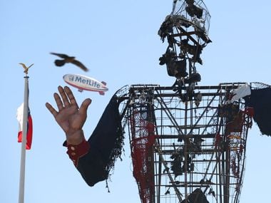 The remains of Big Tex after a fire took him down to the frame at the State Fair of Texas,...