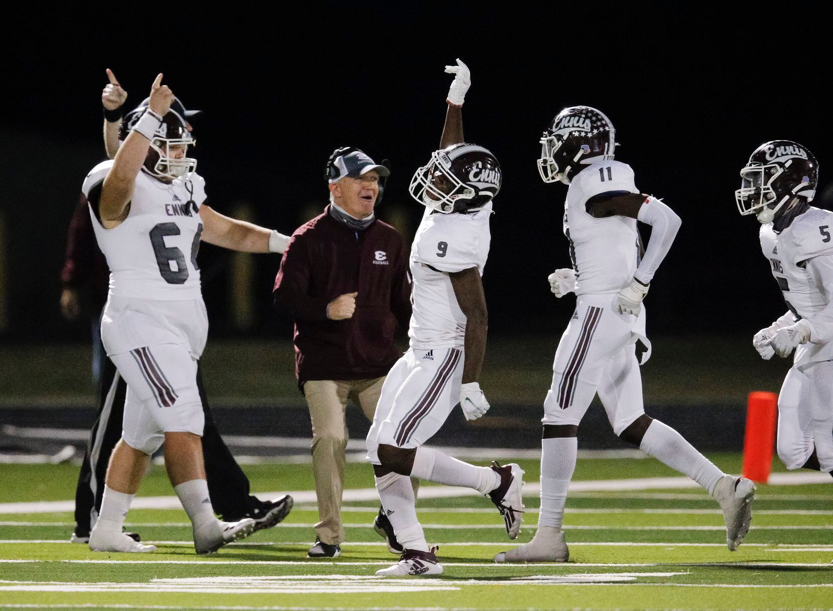 Ennis junior defensive back Devion Beasley (9) celebrates intercepting a pass during the first half of a high school playoff football game against North Forney in Forney, Thursday, November 19, 2020. (Brandon Wade/Special Contributor)
