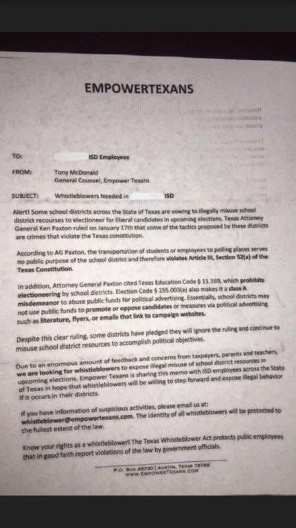 A copy of a letter by conservative group Empower Texans, asking for "whistleblowers" to...