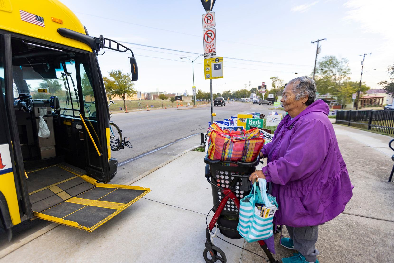Delmira Esquivel boarded a DART bus after voting at the Oak Cliff Government Center in...