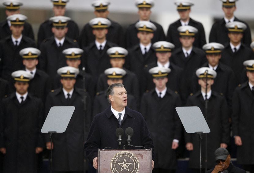 Dallas Mayor Mike Rawlings delivers a speech during the 50th-anniversary commemoration of...