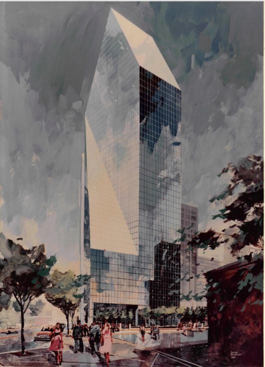 Original architects rendering of the Fountain Place Tower at Ross Avenue and Field Street...