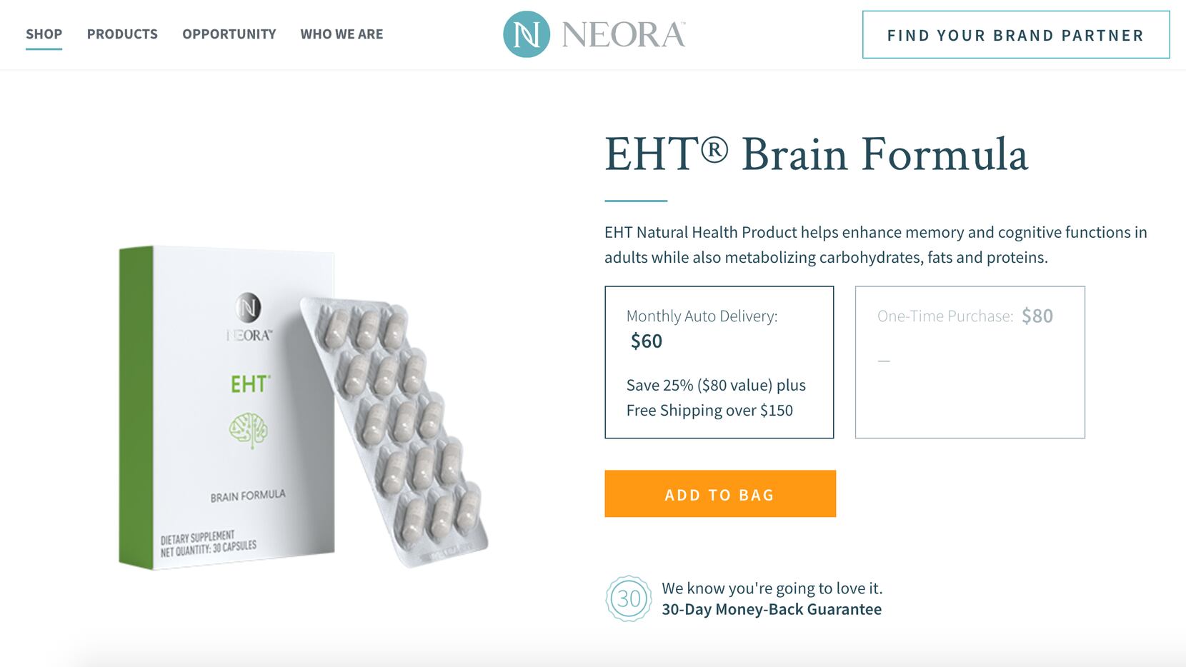 Neora's "EHT" Brain Formula supplement as advertised on its website Friday Nov. 1, 2019.