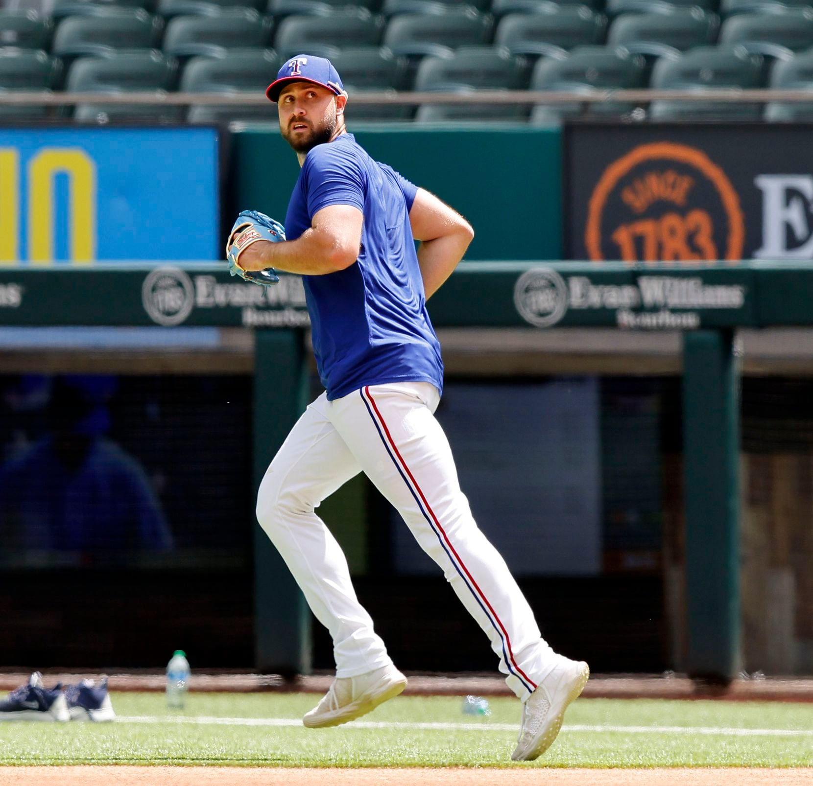 Texas Rangers Joey Gallo takes the field for batting practice before facing the Toronto Blue Jays on Opening Day at Globe Life Field in Arlington, Monday, April 5, 2021. The Rangers are facing the Toronto Blue Jays in the home opener. (Tom Fox/The Dallas Morning News)