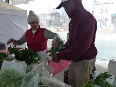 Sammy Williams helps his mom, Thongma Williams, bag up their parsley for a customer at the...