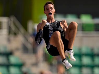 KC Lightfoot celebrates during the finals of the men's pole vault at the U.S. Olympic Track...
