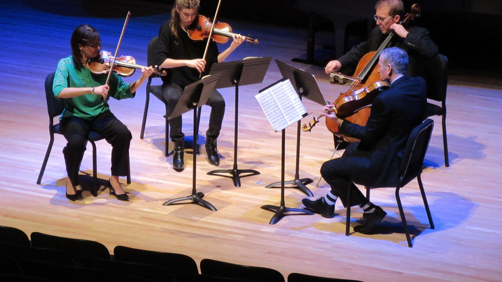Violinists Maria Schleuning (left) and Lydia Umlauf, violist David Sywak and cellist Jolyon Pegis perform in a Voices of Change concert at Southern Methodist University's Caruth Auditorium on Nov. 24, 2019.