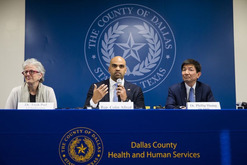 Congressman Colin Allred (TX-32, center) joins Dr. Trish M. Perl (left), the Chief of the...