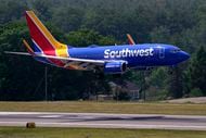Southwest Airlines Boeing 737 lands at Manchester Boston Regional Airport, June 2, 2023, in...