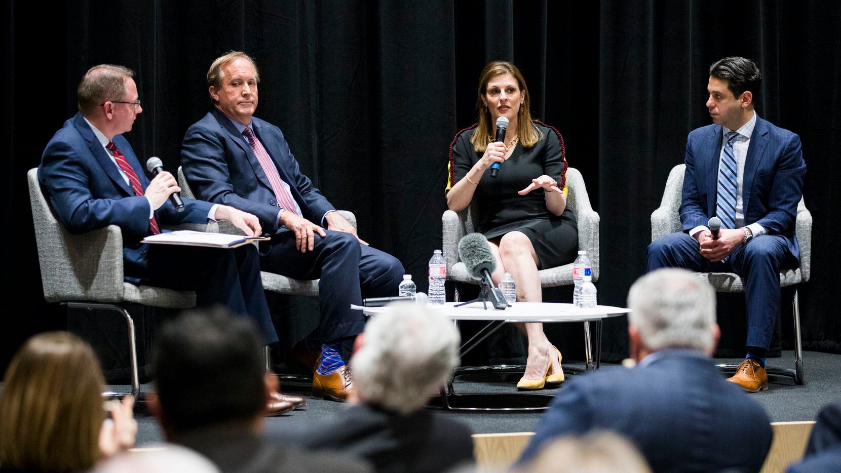 From left: The Dallas Morning News Vice President and Editor of Editorials Brendan Miniter, Attorney General Ken Paxton, U.S. Attorney Erin Nealy Cox, and Trafficking Institute CEO Victor Boutros discuss changes in the way government is addressing sex trafficking on Feb. 26, 2020, at The Dallas Morning News Auditorium in Dallas.