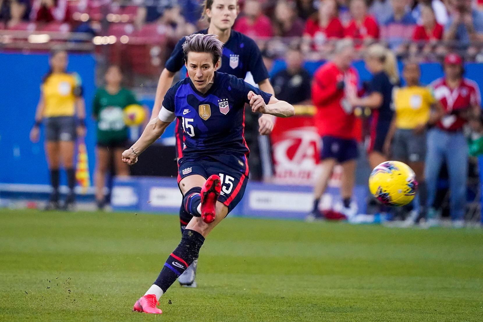 USA forward Megan Rapinoe scores on a free kick during the first half of a SheBelieves Cup...