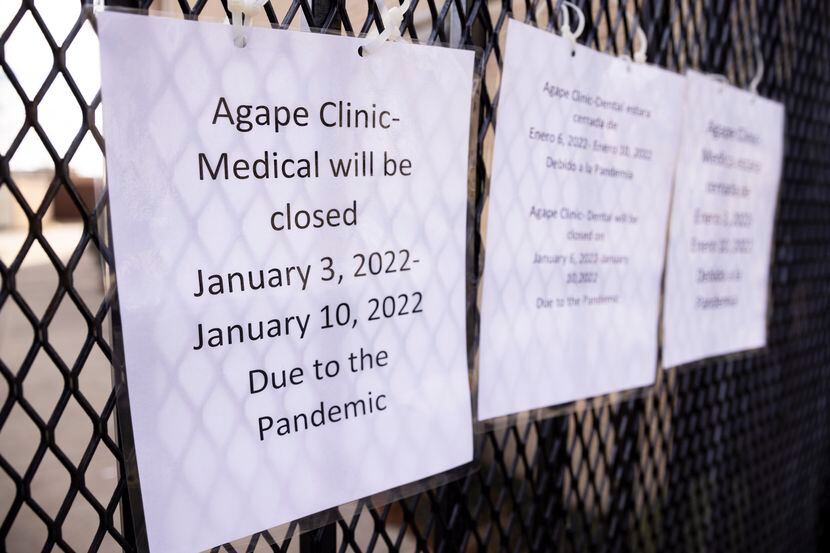 A sign posted at the Agape Community Clinic on Thursday, Jan. 6, 2022.