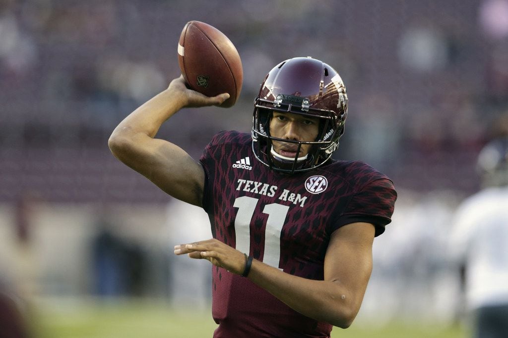 COLLEGE STATION, TX - OCTOBER 28:  Kellen Mond #11 of the Texas A&M Aggies warms up prior to...