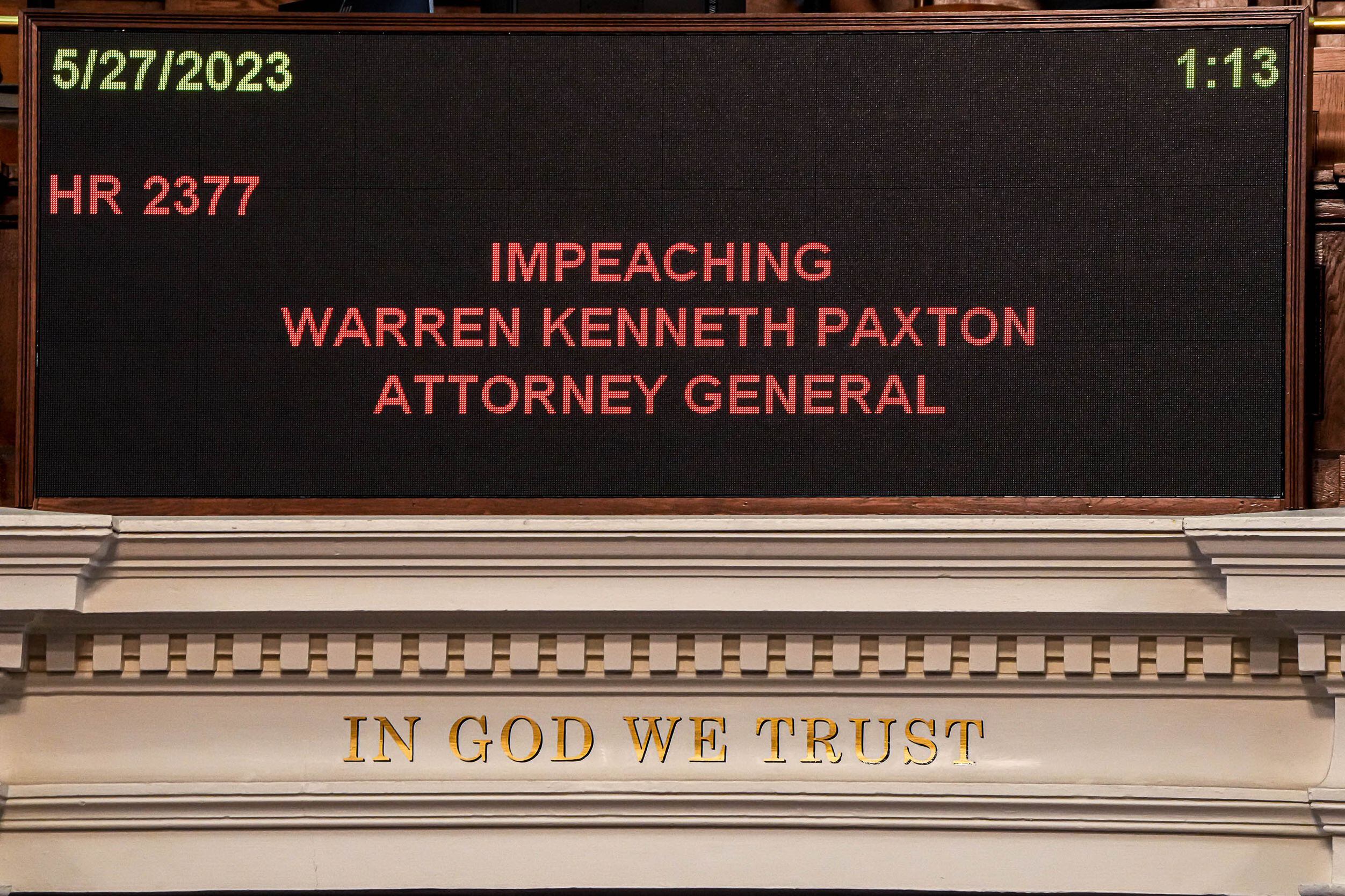 The board in the Texas ouse Chamber announces a hearing of HR 2377 regarding the impeachment...