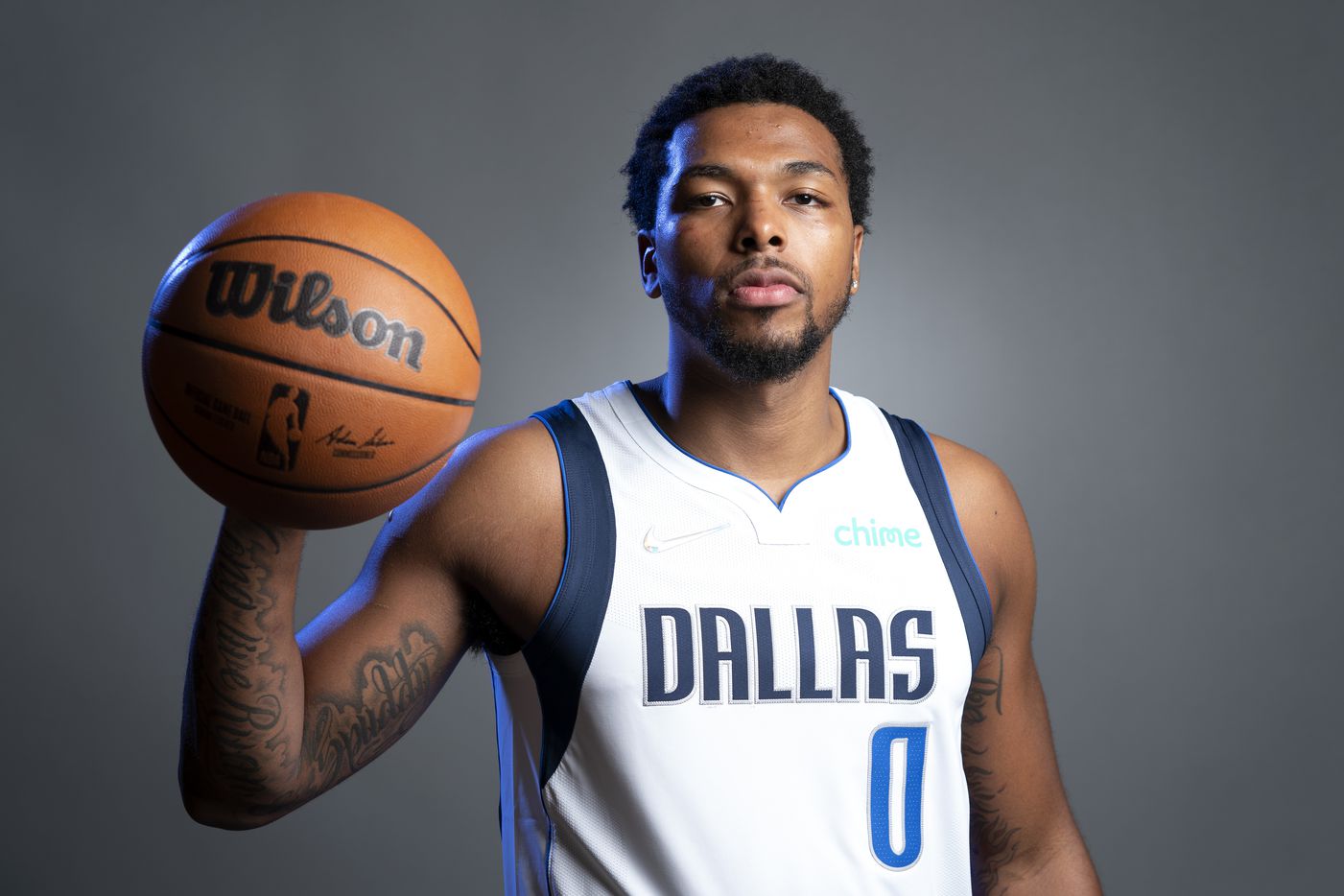 Dallas Mavericks guard Sterling Brown (0) poses for a portrait during the Dallas Mavericks media day, Monday, September 27, 2021 at American Airlines Center in Dallas. (Jeffrey McWhorter/Special Contributor)