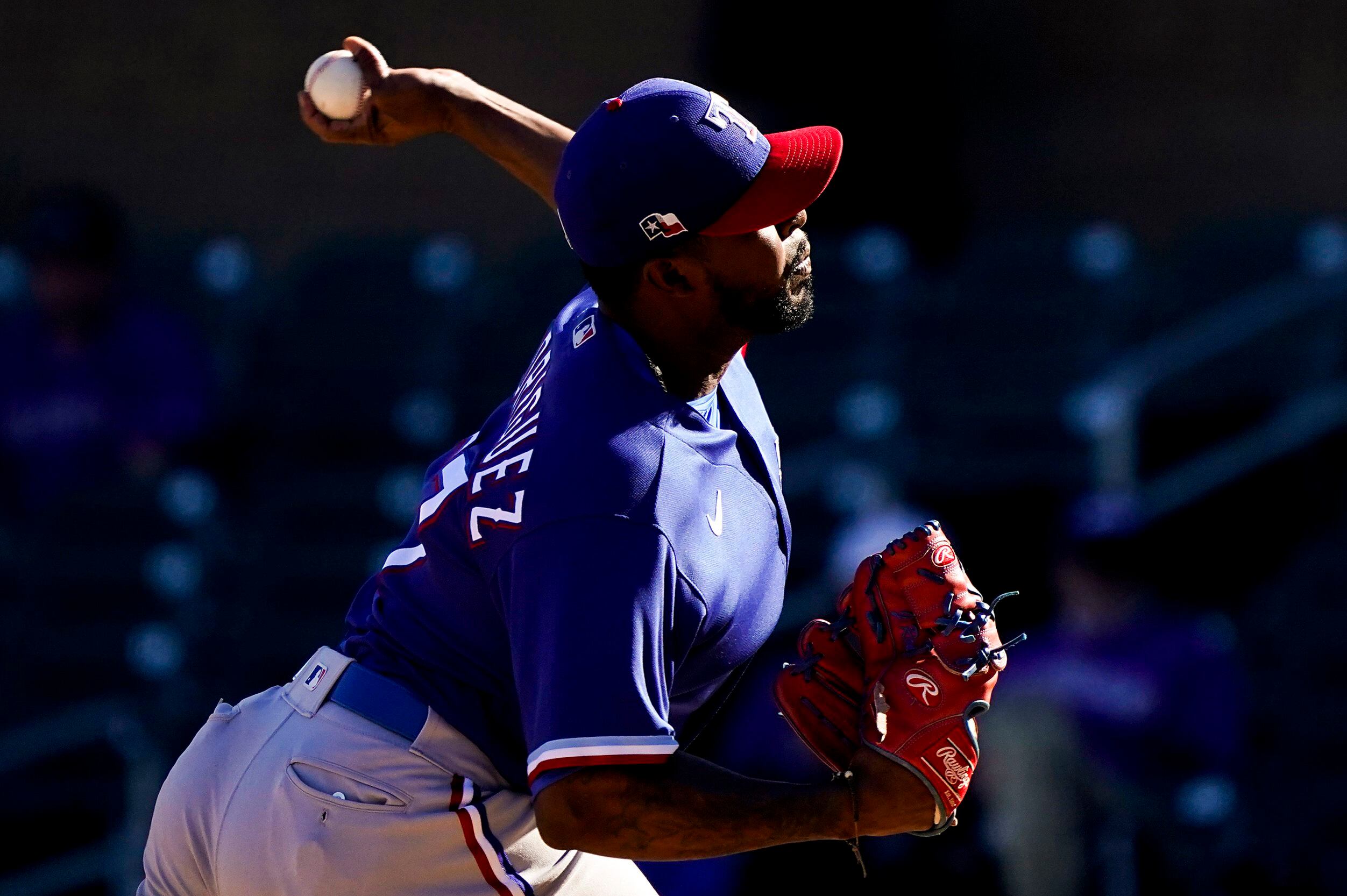 Texas Rangers pitcher Joely Rodriguez pitches during the seventh inning of a spring training...