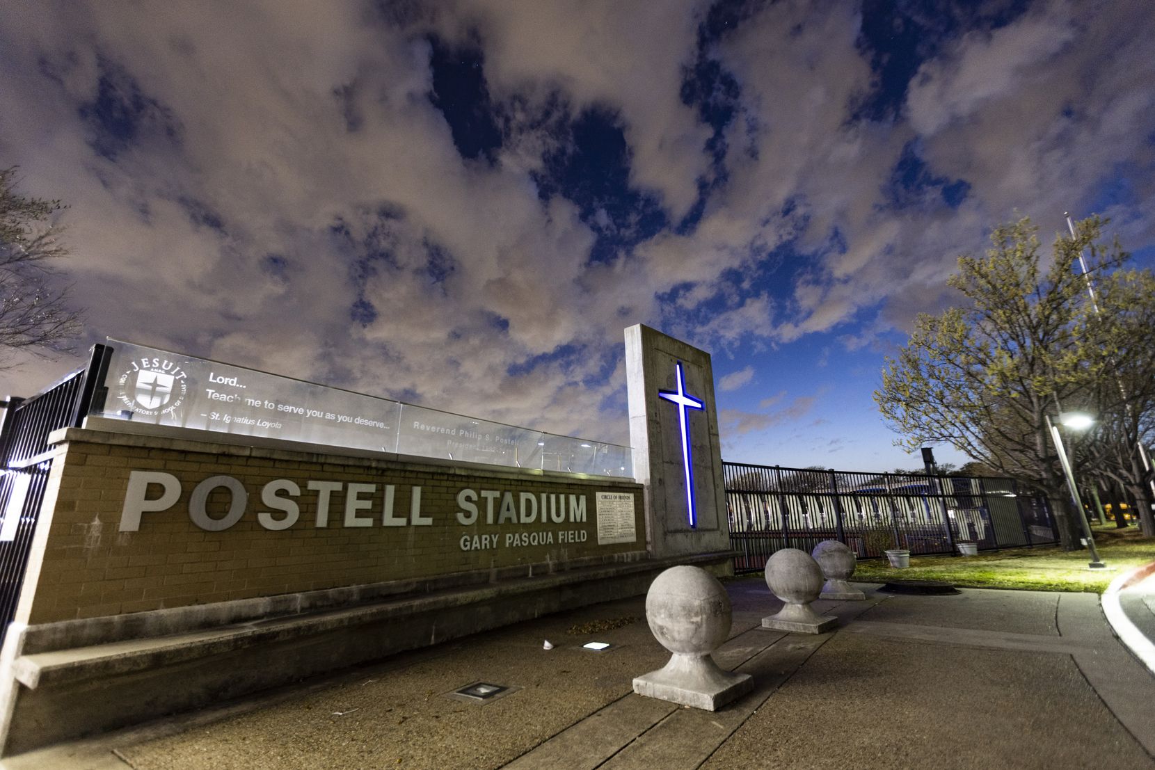 The Postell Stadium sign at Dallas Jesuit High School, Tuesday, March 29, 2022.