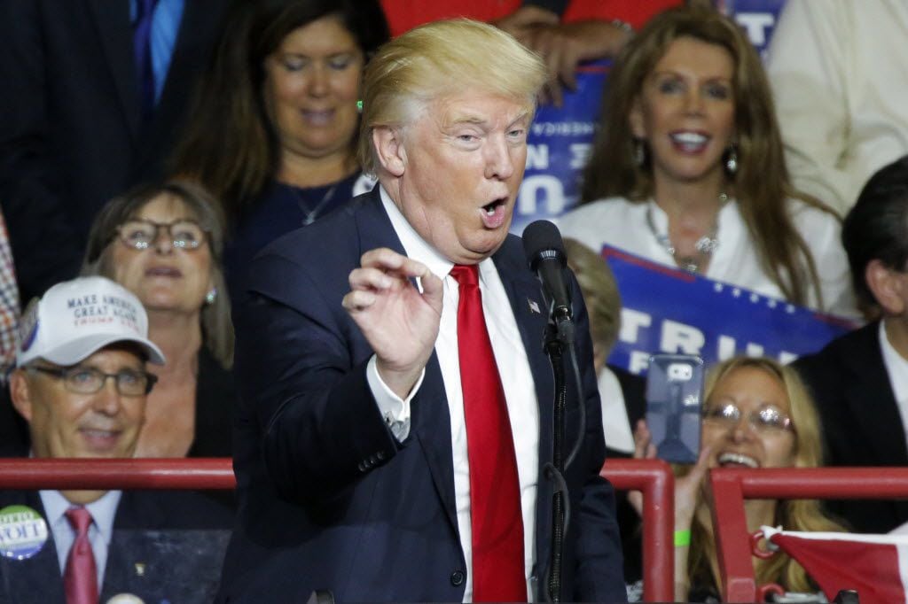 Republican presidential nominee Donald Trump addresses supporters during a campaign rally in...