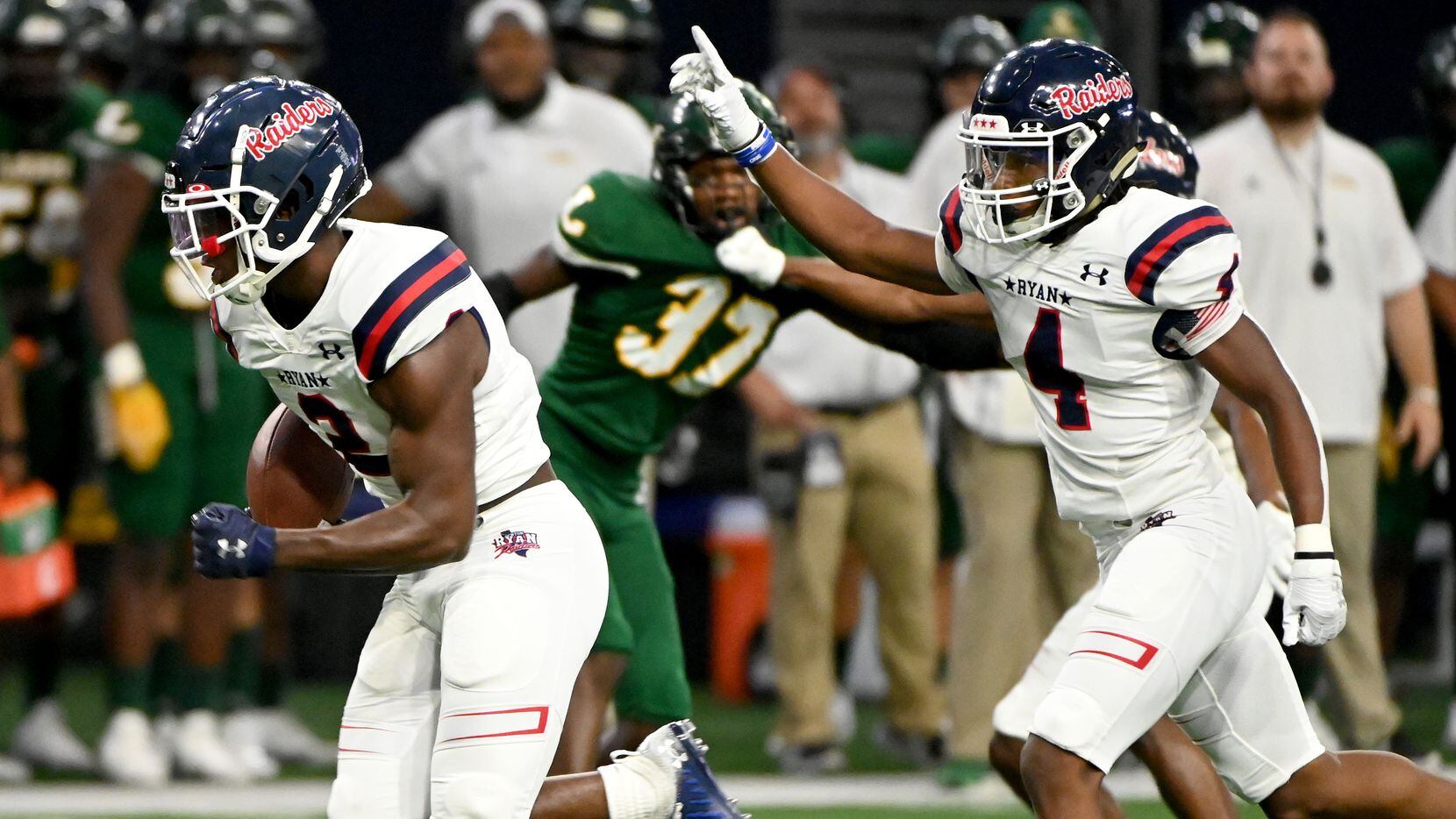 Denton Ryan’s Kalib Hicks (2) runs for a touchdown in the first half during a high school football game between Longview and Denton Ryan, Saturday, Aug. 28, 2021, in Frisco, Texas. (Matt Strasen/Special Contributor)

