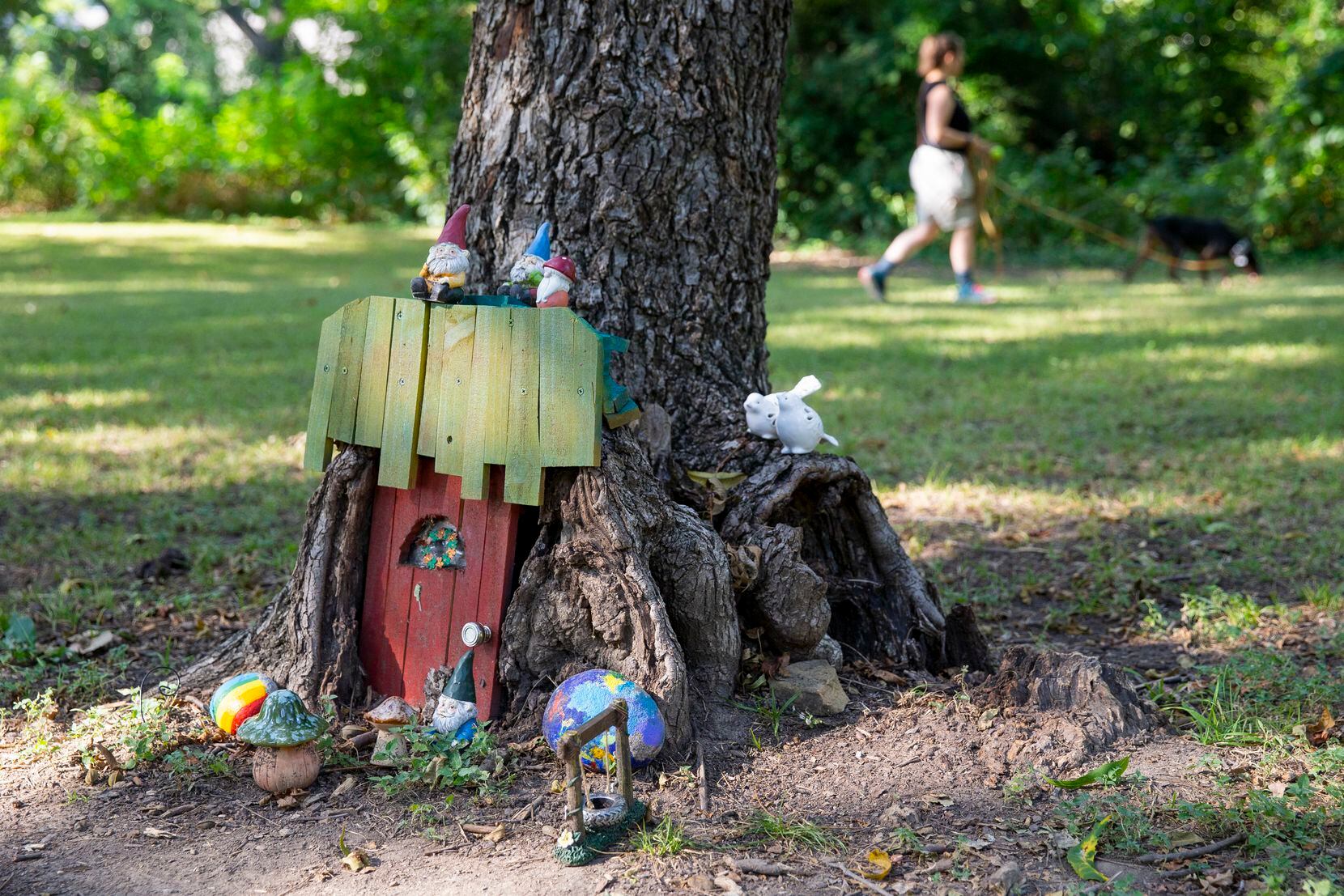 Garden gnomes placed along Coombs Creek Trail in the Stevens Park neighborhood in Dallas. 