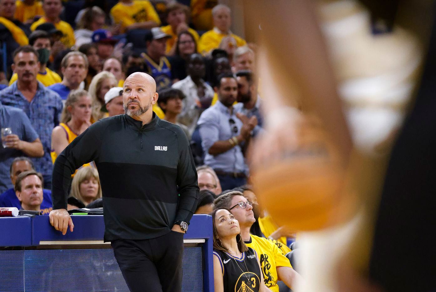 Dallas Mavericks head coach Jason Kidd looks to the scoreboard as his team trails the Golden...