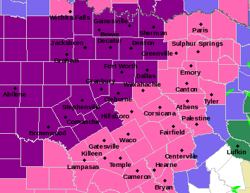 The purple indicates areas under an ice storm warning Feb. 1, 2023 through Feb. 2, 2023.
