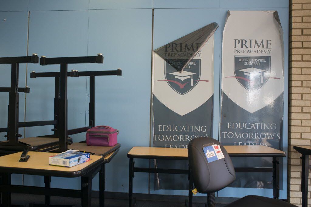 Decals peel off the classroom walls at Prime Prep Academy in Dallas. (Cooper Neill/The New...