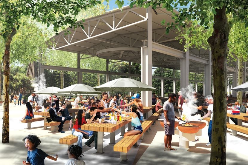 A rendering shows a picnic area that would run through a preserved industrial shed in the...