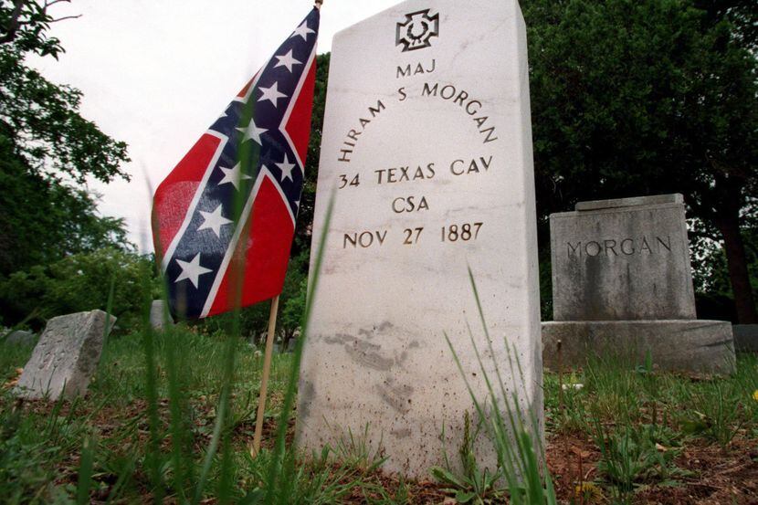The headstone of confederate soldier Major Hiram S. Morgan is decorated with the confederate...