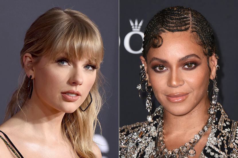 Taylor Swift appears at the American Music Awards in Los Angeles on Nov. 24, 2019, left, and...