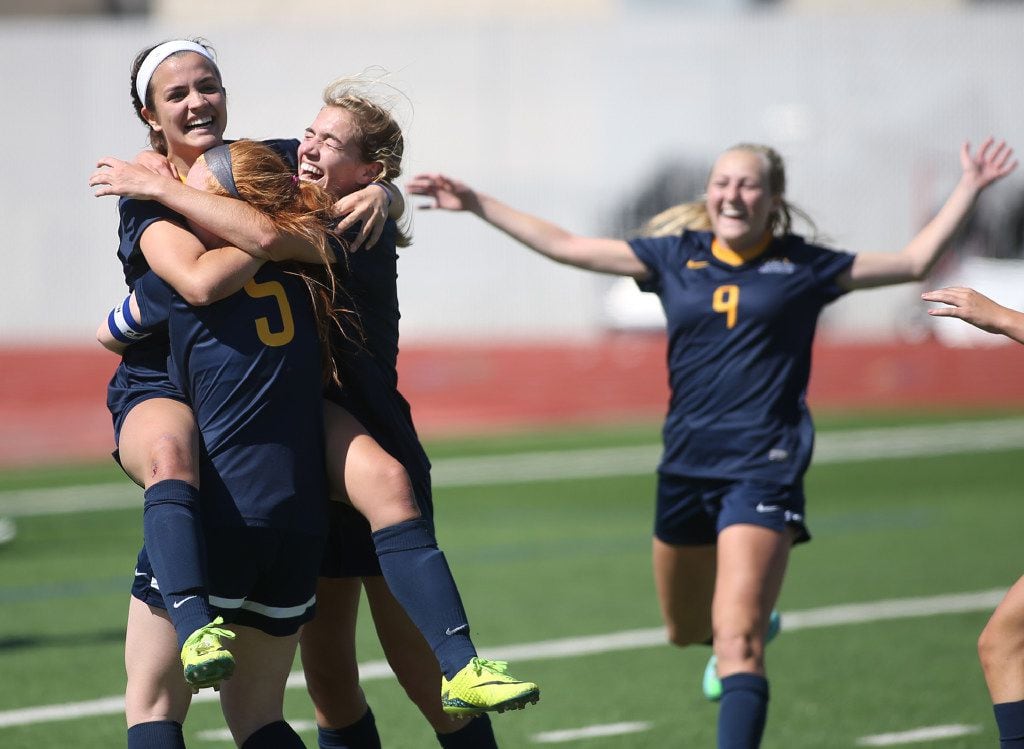 Highland Park's Presley Echols celebrates her goal against Mansfield Lake Ridge in the Class...