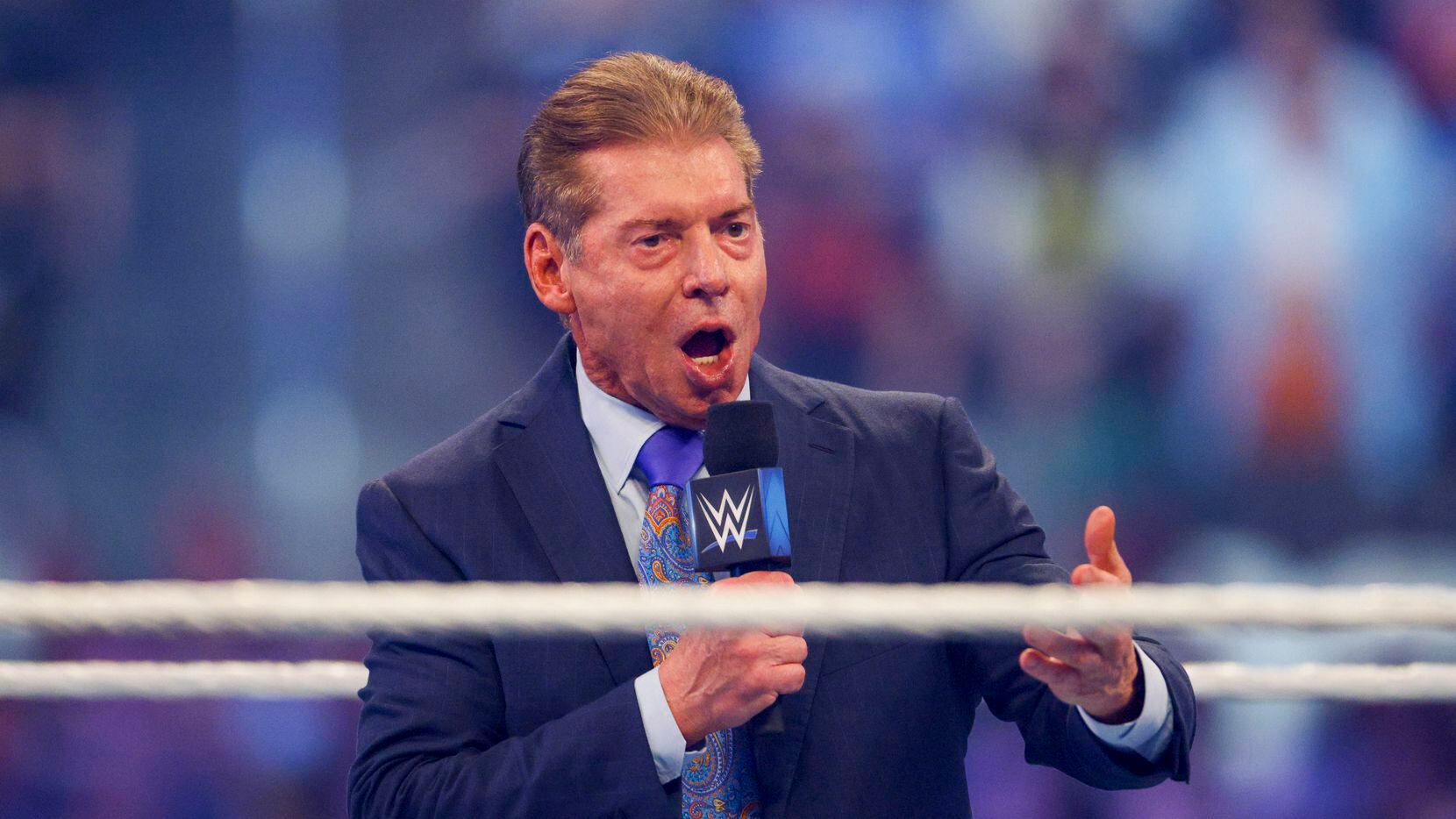Vince McMahon speaks during a match at WrestleMania Sunday at AT&T Stadium in Arlington,...