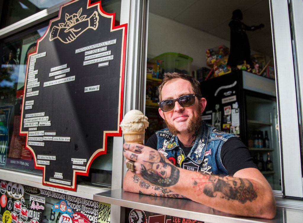 Aaron Barker, owner of Carnival Barker's Ice Creams, poses for a portrait at his shop on...