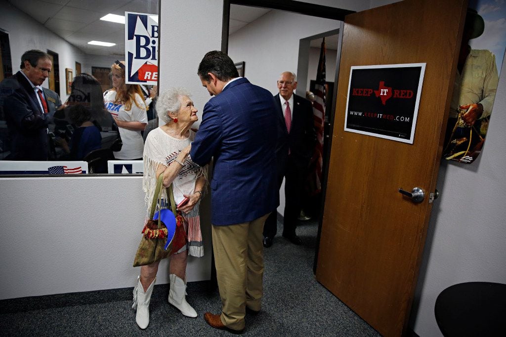 Pat Williford (left) smiles as she talks to Sen. Ted Cruz at Tarrant County Republican Party...