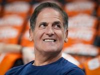 Dallas Mavericks owner Mark Cuban watches the team warm up before Game 2 of an NBA second...