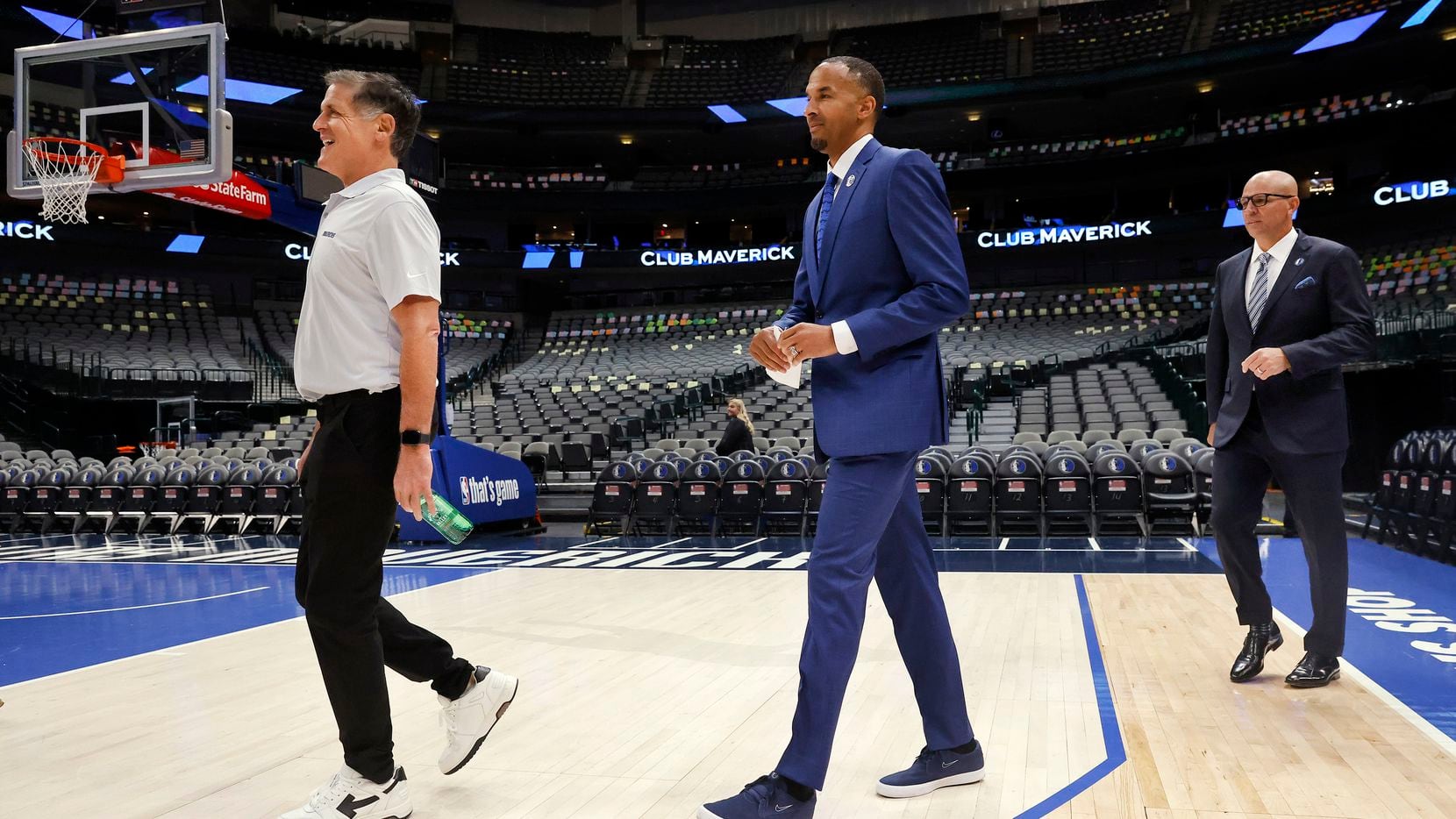 Dallas Mavericks owner Mark Cuban (left), new general manager Nico Harrison (center), and new head coach Jason Kidd arrive for a press conference to formally introduce them at the American Airlines Center, Thursday, July 15, 2021.