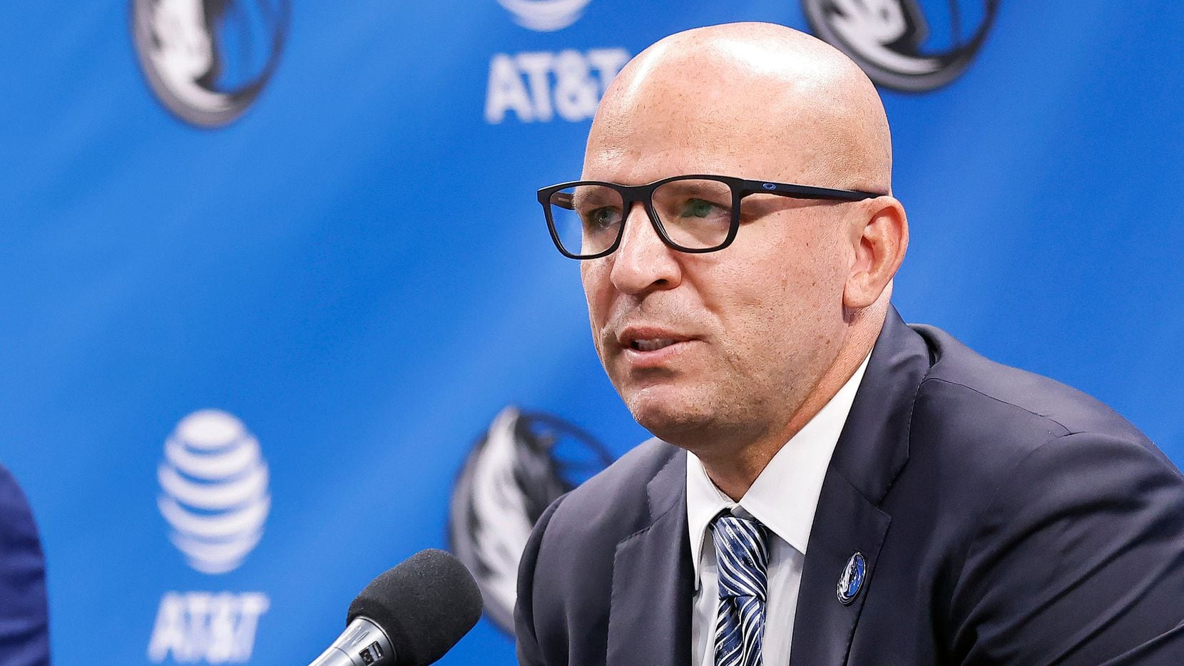 Dallas Mavericks new head coach Jason Kidd (right) and new general manager Nico Harrison respond to questions during a press conference to formally introduce them at the American Airlines Center, Thursday, July 15, 2021. (Tom Fox/The Dallas Morning News)