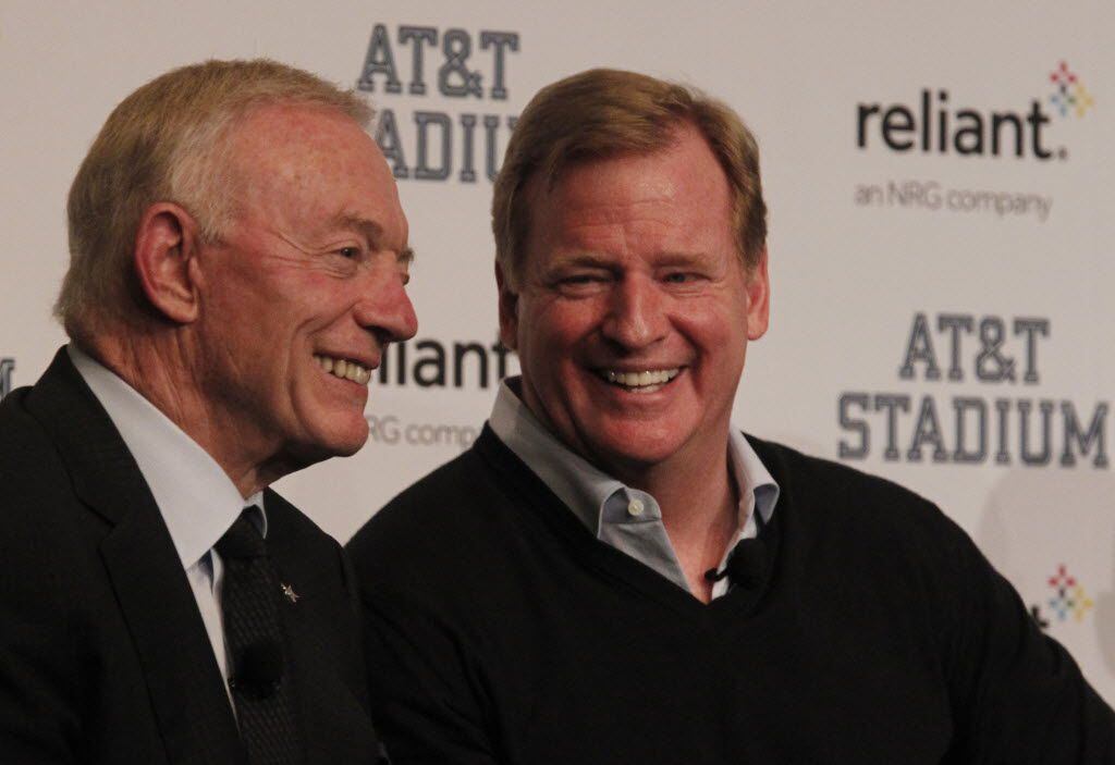 Dallas Cowboys owner Jerry Jones, and NFL Commissioner Roger Goodell speak at a Fan Forum...