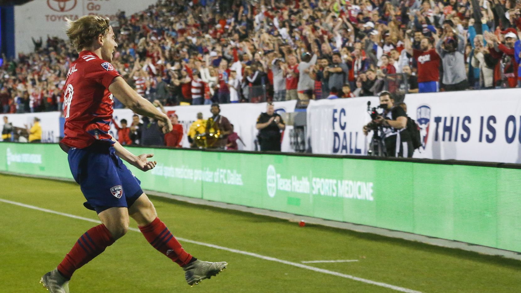 FC Dallas midfielder Paxton Pomykal (19) celebrates a goal during the second half of an MLS soccer match between FC Dallas and Philadelphia Union on Saturday, Feb. 29, 2020 at Toyota Stadium in Frisco, Texas.