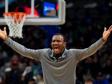 Detroit Pistons head coach Dwane Casey reacts after a call went against his team during the...
