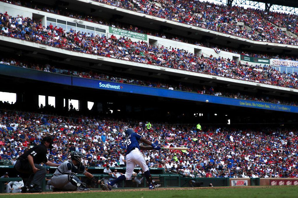 Texas Rangers second baseman Danny Santana (38) bats during a MLB game between Texas Rangers...