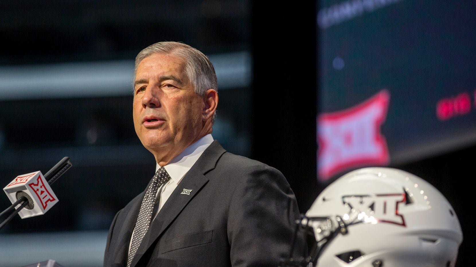 Big 12 Commissioner Bob Bowlsby speaks during the Big 12 Conference Media Days event at the AT&T Stadium in Arlington, Texas, Monday, July 15, 2019.