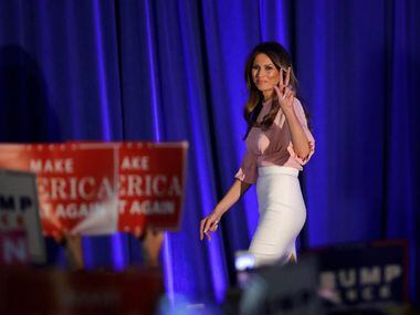 Melania Trump, husband of Republican presidential candidate Donald Trump, walks on stage to...