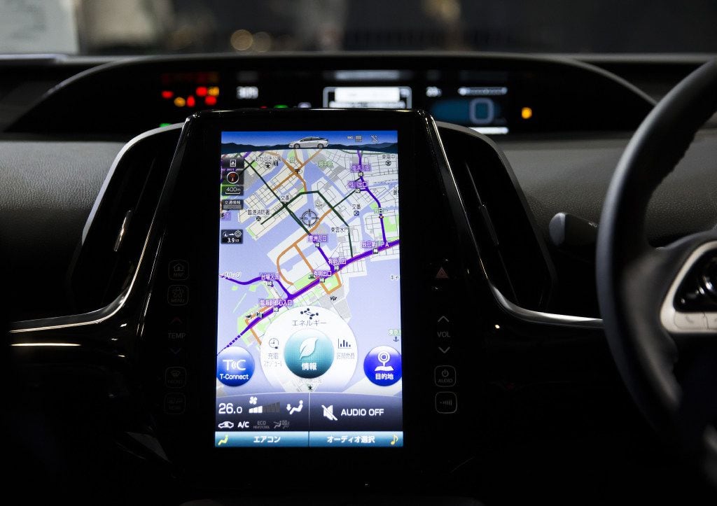 The main touchscreen of Toyota Motor Corp.'s new Prius plug-in hybrid vehicle. The Prius...