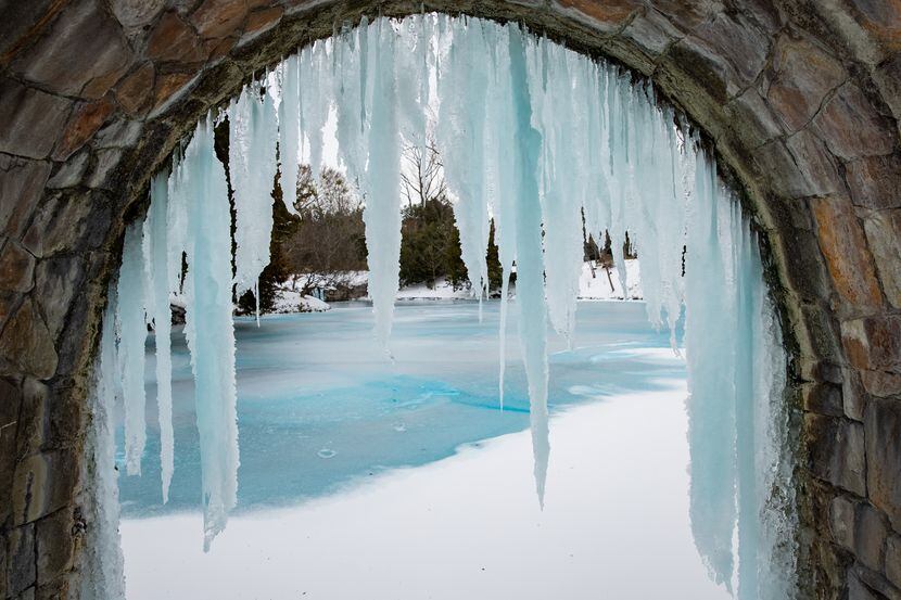 Icicles hang on Inwood Road in Dallas after the February 2021 weather catastrophe in Texas.
